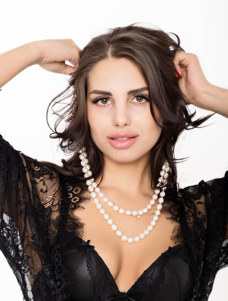 fashion sexy young woman in lacy lingerie with pearls jewellery - Фото, зображення