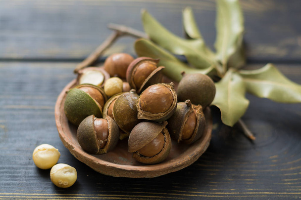 Nueces de macadamia en cáscara
 - Foto, Imagen