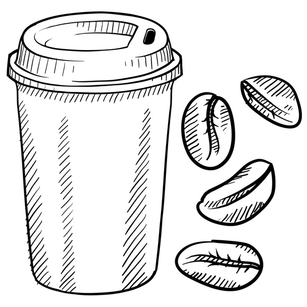 コーヒー豆とカップのスケッチ - ベクター画像