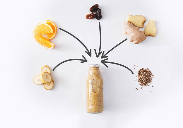 Plátano e ingredientes de jugo de desintoxicación de jengibre aislados sobre fondo blanco
 - Foto, imagen