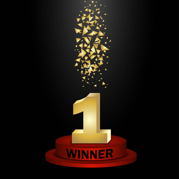 Ganador, número uno con confeti sobre pedestal redondo aislado sobre fondo negro
 - Vector, Imagen