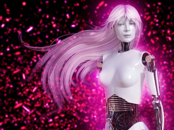 3D renderização de robô feminino com cabelos longos e bokeh luz effe
 - Foto, Imagem