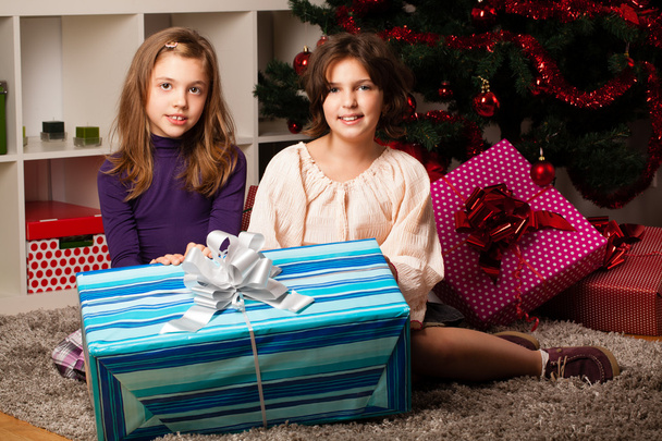 Счастливые дети с рождественским подарком
 - Фото, изображение