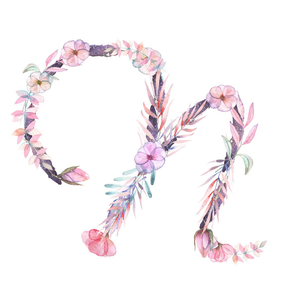 Заглавная буква N акварельных розовых и фиолетовых цветов
 - Фото, изображение