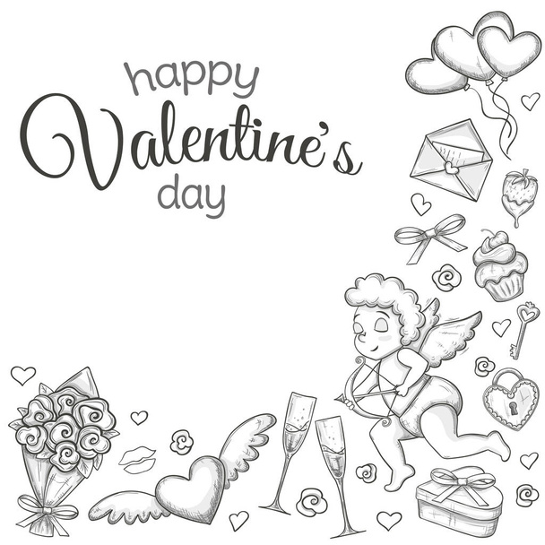 Corner frame with sketch Valentines Day icons - Vector, Image