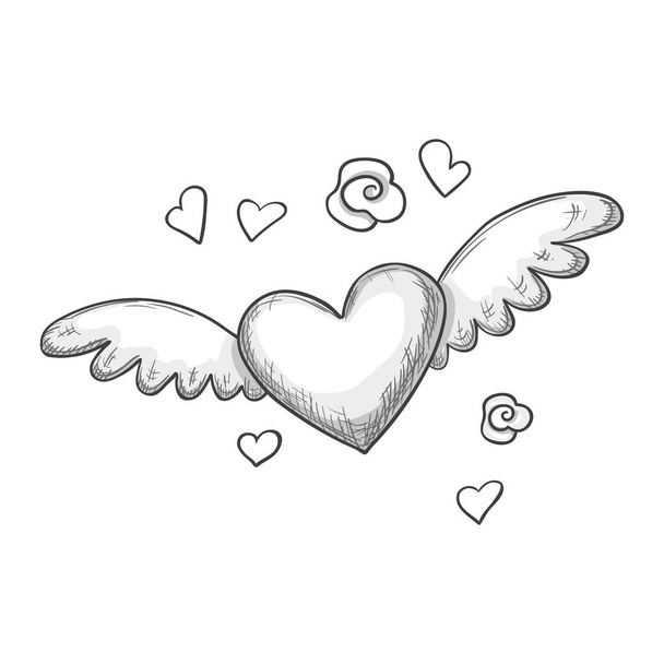 Sketch heart with wings - Vector, Image