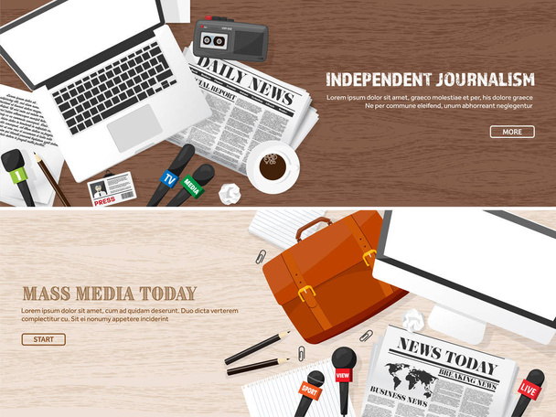 Mass media background in a flat style.Press conference with correspondent and reporter.Broadcasting.Multimedia news,newspaper.Tv show. Internet radio, television. Microphone. - Vector, Image
