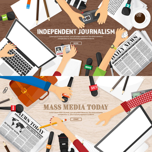 Mass media background in a flat style.Press conference with correspondent and reporter.Broadcasting.Multimedia news,newspaper.Tv show. Internet radio, television. Microphone. - Vector, Image