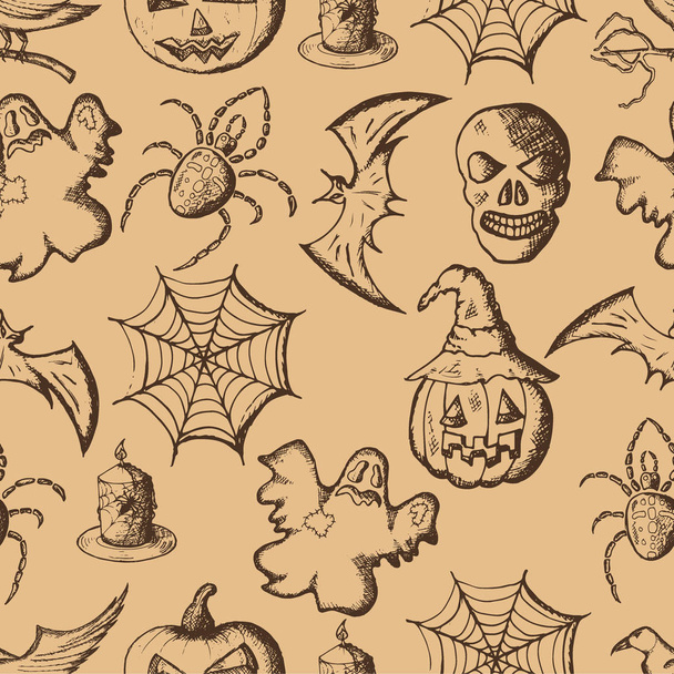 hand drawn set of halloween attributes, brown sketch on beige background - Vettoriali, immagini