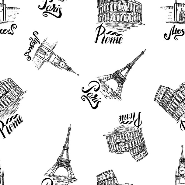 seamless pattern with Moscow, Paris, Rome labels, hand drawn Kremlin, Eiffel Tower, Coliseum, lettering Moscow, Paris, Rome - Vektor, obrázek