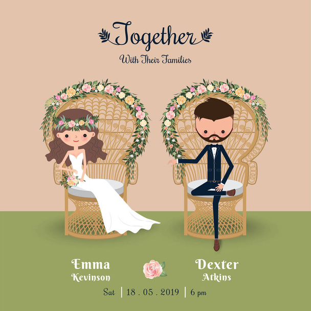 Tarjeta de invitación de boda de pareja de dibujos animados bohemio rústico
 - Vector, Imagen