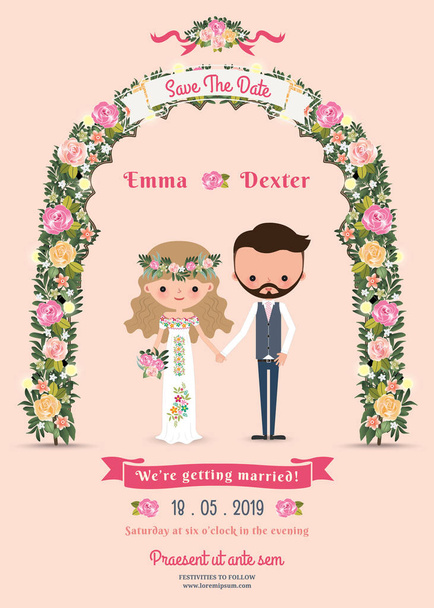 素朴な花花漫画のカップルの結婚式の招待カード - ベクター画像
