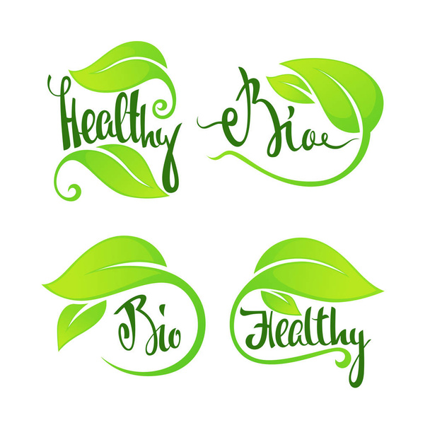 bio and healthy, green leaves and lettering composition for logo - Vetor, Imagem