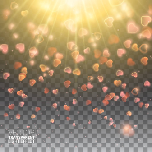 Valentines Day with Bokeh Falling Hearts and Confetti. De focused and glittering separated elements. Vector Illustration Effect Isolated on transparent background - Vector, Image