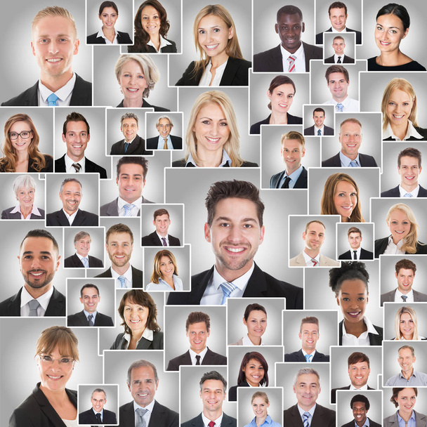 Collage Of Smiling Diverse Business Men And Women On Gray Background - Фото, зображення