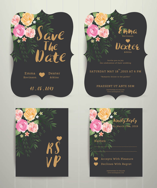 Προσκλητήριο γάμου floral αποθηκεύσετε την ημερομηνία κάρτα με rsvp παύσης  - Διάνυσμα, εικόνα