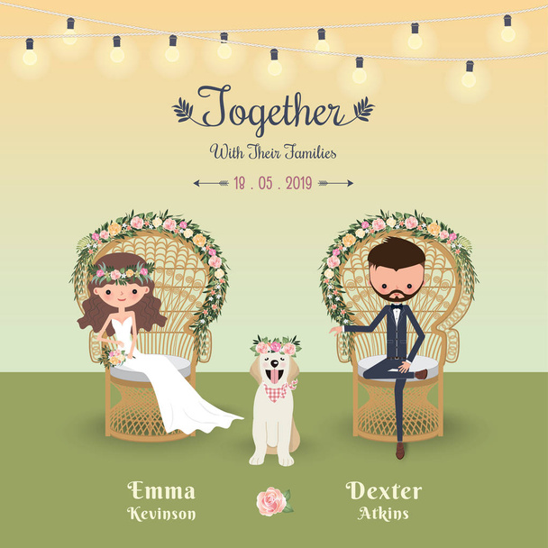 Bohemia rústica pareja de dibujos animados invitación a la boda tarjeta con perro
 - Vector, Imagen