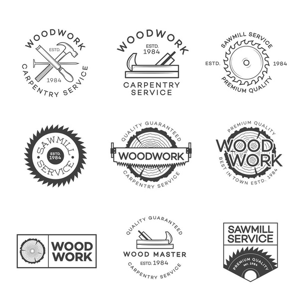 Set of carpentry service, sawmill and woodwork labels isolated on white background - Vector, afbeelding