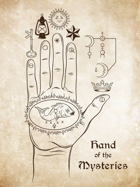 La mano de los Misterios. El símbolo alquímico de la apoteosis, la transformación del hombre en dios. Ilustración de vectores de estilo esotérico medieval dibujado a mano. Diseño de impresión de tatuaje o póster
 - Vector, imagen