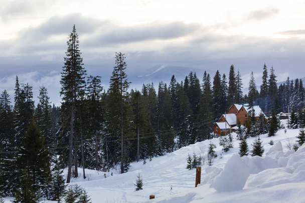 雪に覆われた山の森林のフォレスターの小屋。カルパティア山脈、新年あけましておめでとうございますお祝い概念のカラフルな冬の日の出。芸術的なスタイルのポスト処理写真. - 写真・画像
