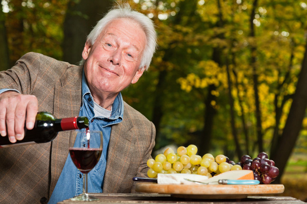 Homme âgé dégustant des raisins et du fromage en plein air dans la forêt d'automne
. - Photo, image