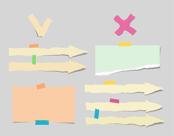 Torn colorful note, notebook, copybook paper sheets, arrow strips stuck on gray background - Vektör, Görsel
