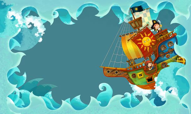 Artistic cartoon frame waves with pirate ship - Φωτογραφία, εικόνα