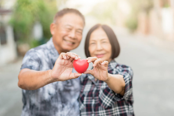 Happy senior Asian couple smiling while holding heart - Foto, afbeelding