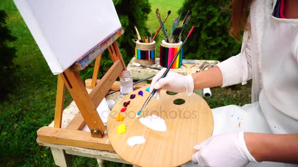 Artysta kobieta wybierając farby pędzlem z już wciśnięty kolory i mieszanki na palecie w parku na zewnątrz. - Materiał filmowy, wideo