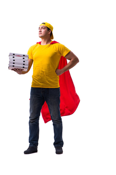 Super bohater dostawca pizzy facet izolowany na biały - Zdjęcie, obraz