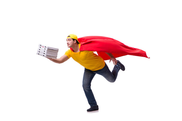 Super sankari pizza toimitus kaveri eristetty valkoinen - Valokuva, kuva