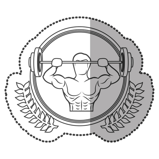 монохромная наклейка средней тени с оливковой короной и тяжелой атлетикой человека по кругу
 - Вектор,изображение