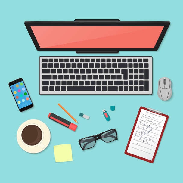 Tecnologia realista organização do local de trabalho. Vista superior da mesa de trabalho a cores com laptop, smartphone, tablet pc, diário, óculos e caneca de café
. - Vetor, Imagem