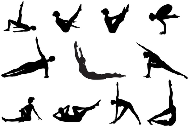 Pilates silhouettes of working out and stretching on the white b - Vector, Image