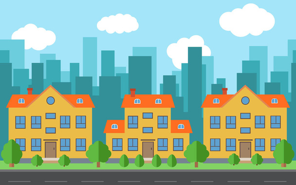 Векторный город с мультипликационными домами и зданиями. Городское пространство с дорогой на плоском фоне
 - Вектор,изображение