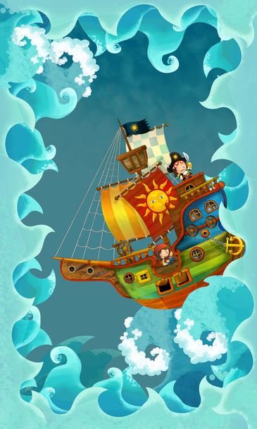 Artistic cartoon frame waves with pirate ship - Foto, Imagem