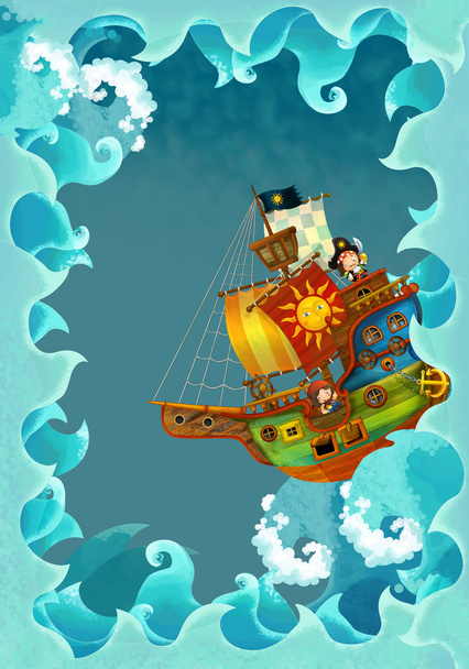 Artistic cartoon frame waves with pirate ship - Foto, Imagem
