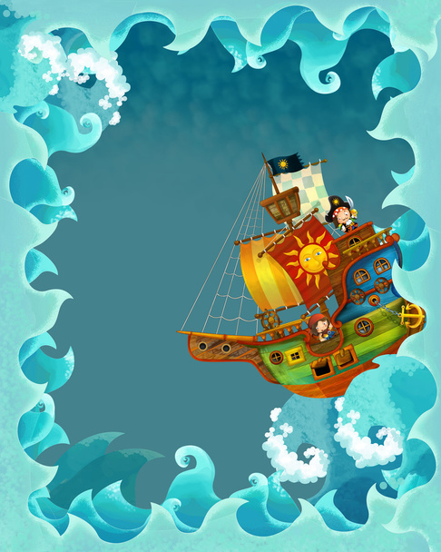 Artistic cartoon frame waves with pirate ship - Foto, Imagen