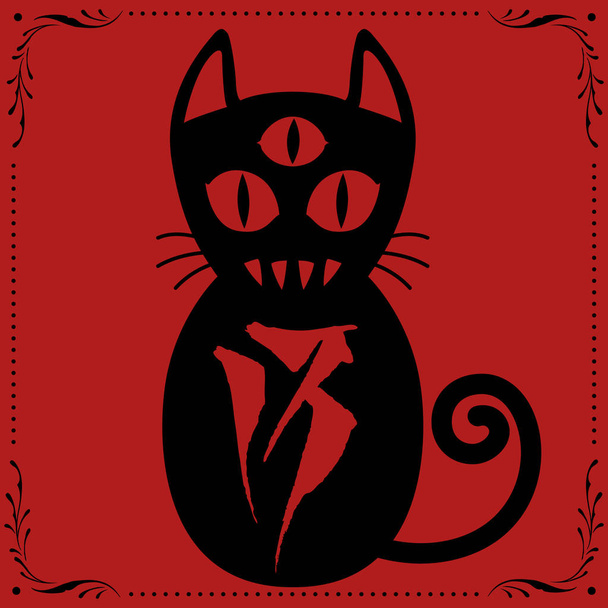 3 eyed N0.13 γάτα μαύρου με Floral καρέ στολίδι - Διάνυσμα, εικόνα