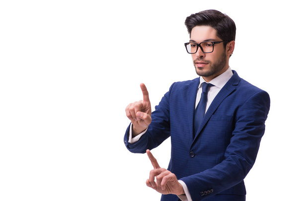 Jeune homme d'affaires appuyant sur des boutons virtuels isolés sur blanc
 - Photo, image