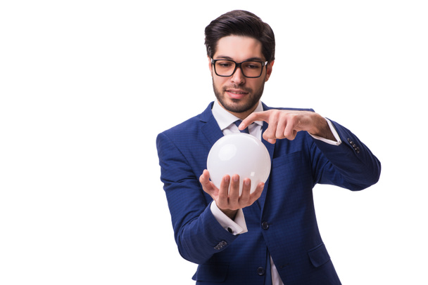 Επιχειρηματίας με μπάλα κρύσταλλος που απομονώνονται σε λευκό φόντο - Φωτογραφία, εικόνα