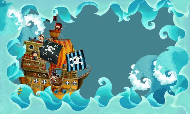 Artistic cartoon frame waves with pirate ship - Foto, Bild
