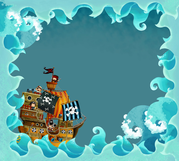 Artistic cartoon frame waves with pirate ship - Foto, Bild