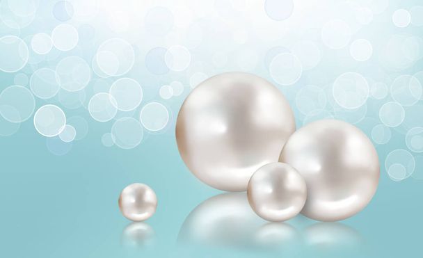 vier weiße Perlen auf aqua schimmerndem hellen Hintergrund - Foto, Bild
