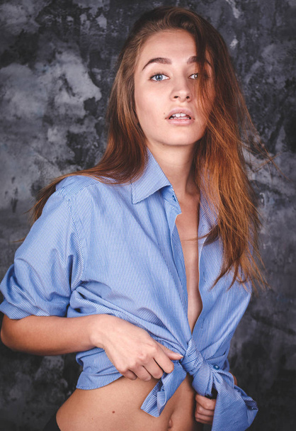 young sexy girl in a man's shirt - Photo, Image