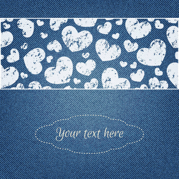 Denim background with hearts pattern. Place for your text. - Vector, imagen