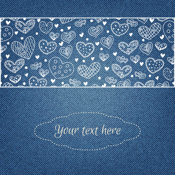 Denim background with hearts pattern. Place for your text. - Vettoriali, immagini