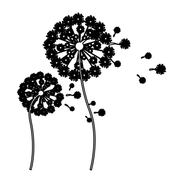 black silhouette dandelion with stem and pistil and fly petals - Vektör, Görsel