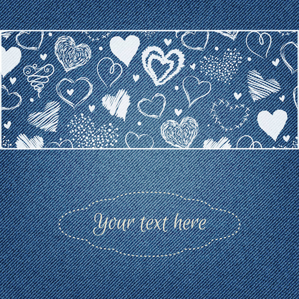 Denim background with hearts pattern. Place for your text. - Vetor, Imagem
