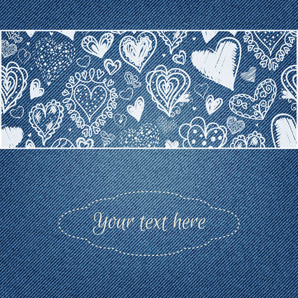 Denim background with hearts pattern. Place for your text. - Вектор, зображення